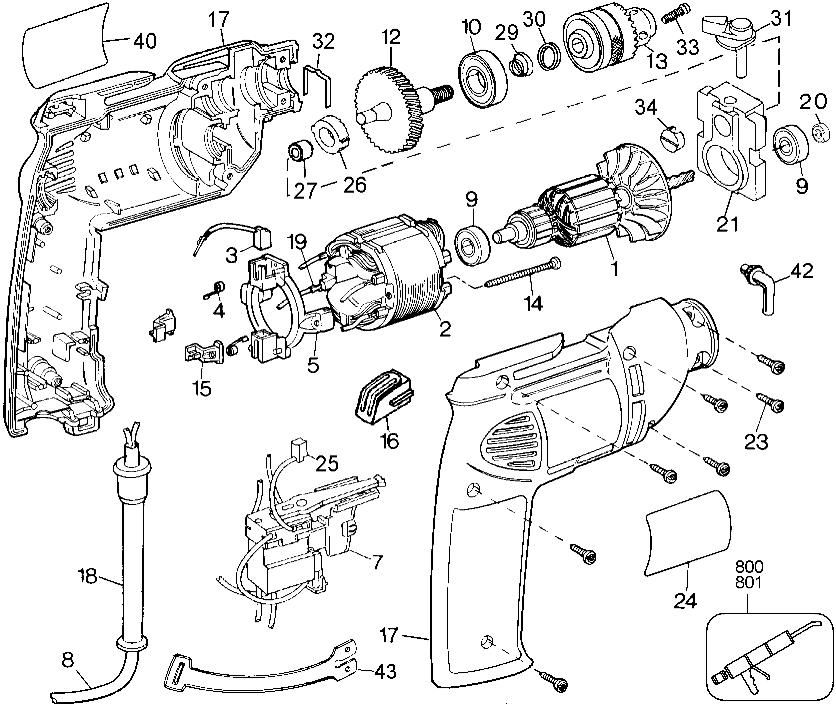 Default Diagram and Parts List for 2166-36 Type 1 Black and Decker Hammer Drill